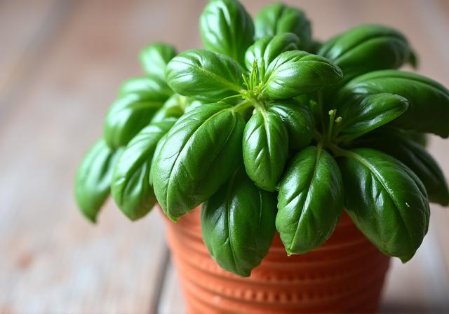 Albahaca gourmet fresca en maceta cerámica artesanal