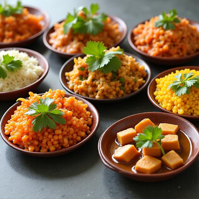 Diversos platos de restaurante decorados con cilantro fresco