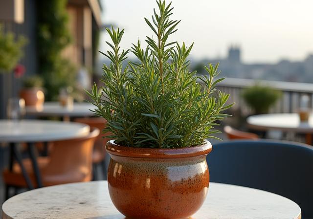 Romero en maceta cerámica artesanal para terraza de restaurante